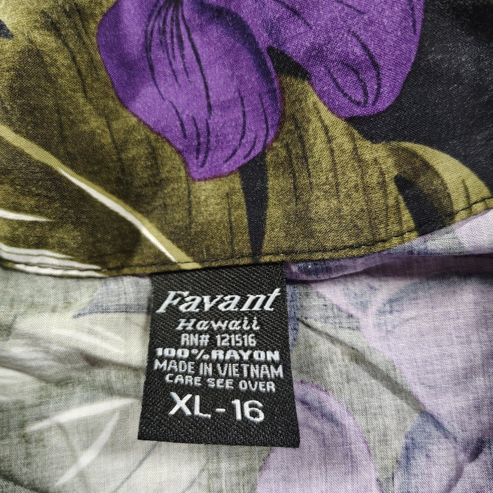 Favant Hawaii Women XL Purple Floral Palm Leaf Rayon Short Sleeve Aloha Shirt - Picture 4 of 7